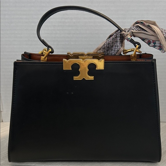 Tory Burch $700 Black Eleanor Spazoletto Satchel with Gold Logo and Ribbon - Picture 11 of 12